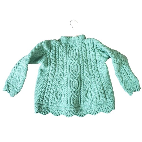 Vintage 70s Aran Crafts Green Cable Knit Cardigan Sweater XS Merino Wool Preppy - Picture 3 of 5